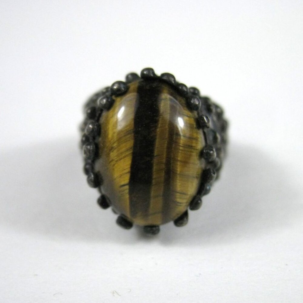 Brutalist Vintage Tigers Eye Stone Cabochon Sterling Silver Statement Ring SZ 6